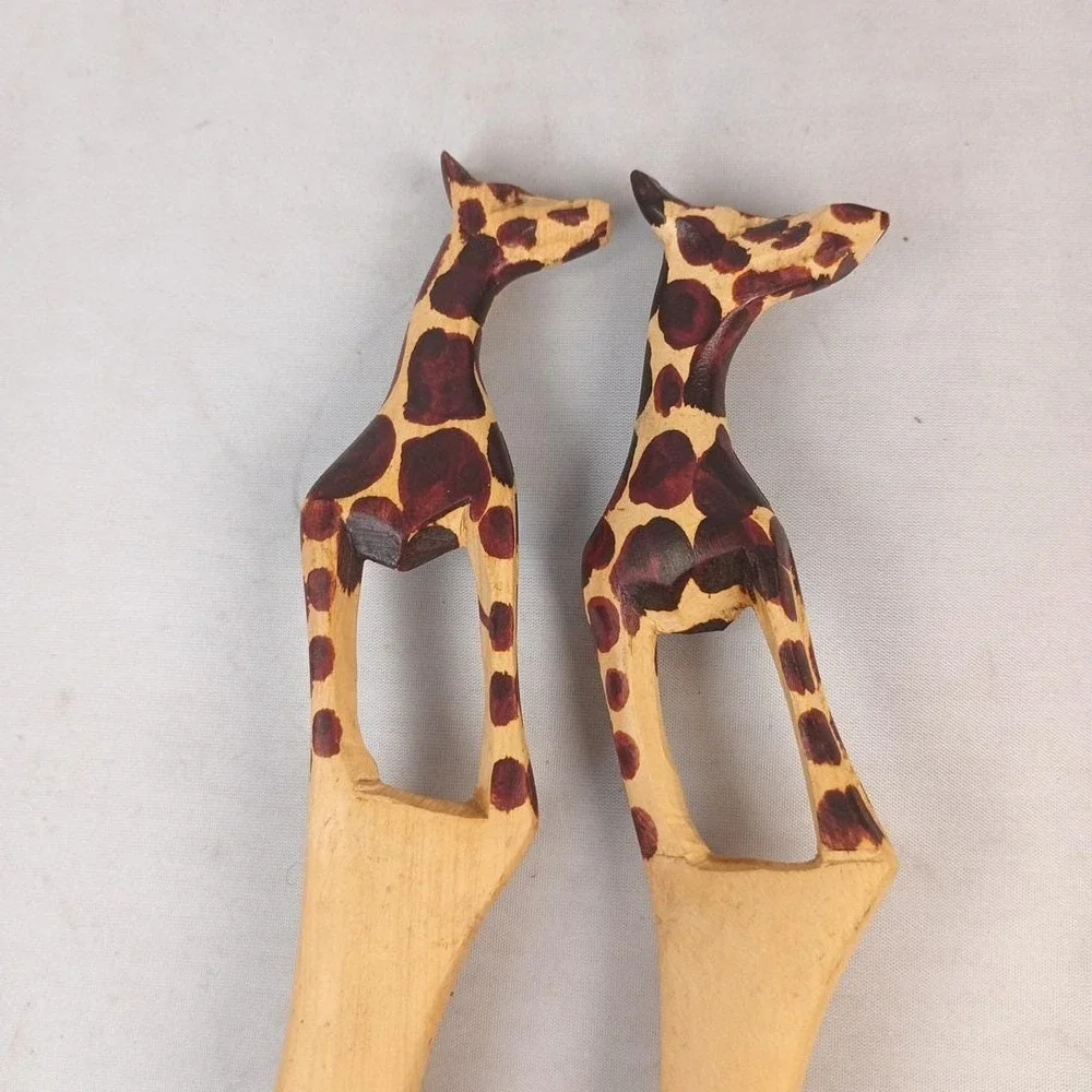 Hand Carved Hand Painted Giraffe Wooden Fork And Spoon Set Wall Decor